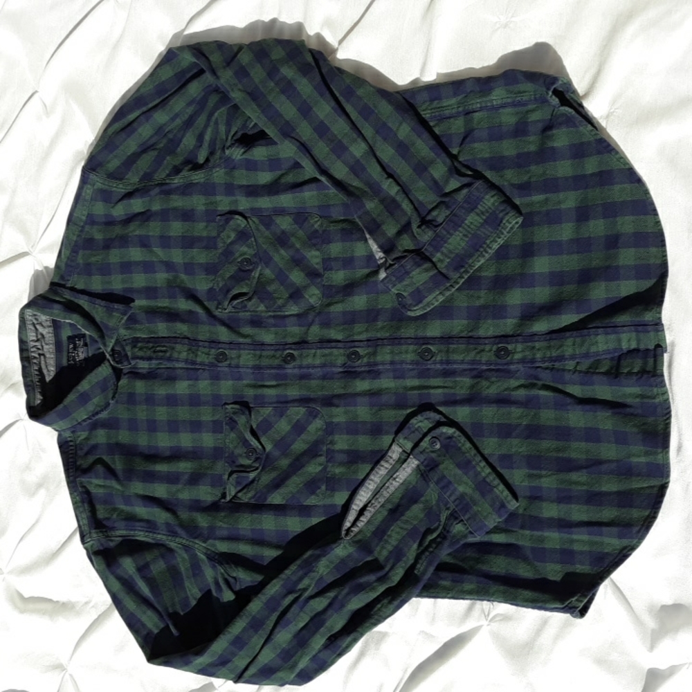 J. Crew Factory Lg Heavyweight Flannel Plaid Green Navy Long Sleeve Button Shirt